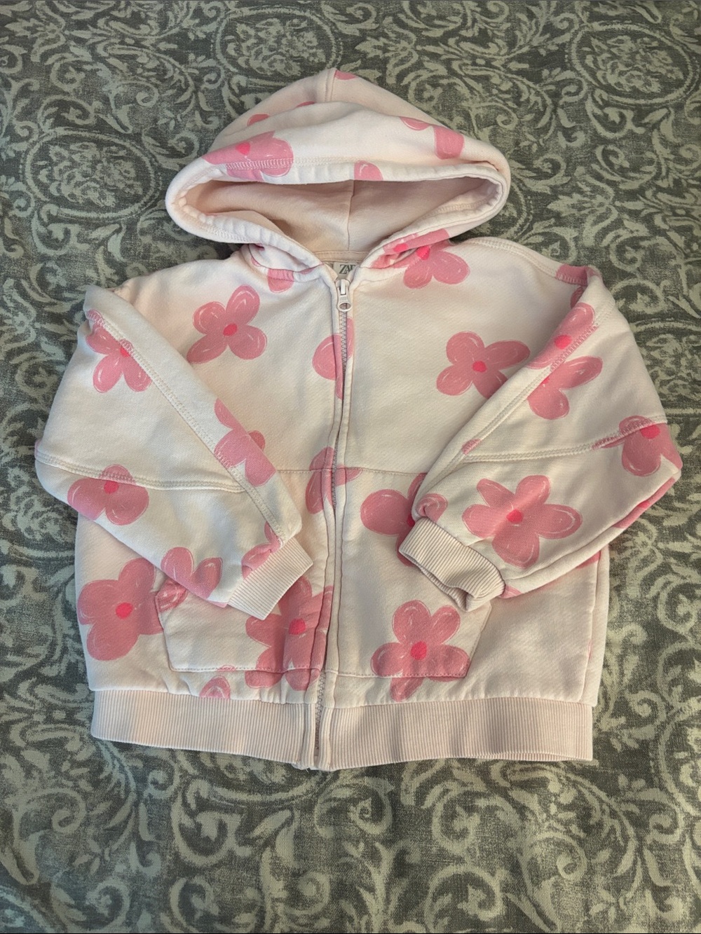 Zara Girls' Pink Floral Hooded Zip Jacket